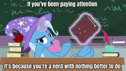 Size: 1920x1080 | Tagged: safe, derpibooru import, edit, edited screencap, screencap, trixie, pony, unicorn, a horse shoe-in, apple, board, book, caption, classroom, female, food, hooves on the table, image macro, magic, magic aura, mare, school, sir raven, solo, table, telekinesis, text, the grim adventures of billy and mandy