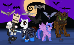 Size: 1280x777 | Tagged: safe, artist:andoanimalia, artist:misteraibo, artist:mlp-silver-quill, derpibooru import, temperance flowerdew, twilight sparkle, bat, fruit bat, spider, timber wolf, vampire fruit bat, crossover, halloween, holiday, male, nightmare night