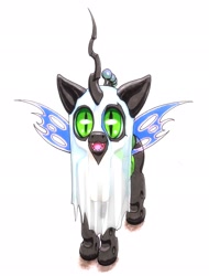 Size: 1560x2048 | Tagged: safe, artist:oddwarg, derpibooru import, queen chrysalis, changeling, changeling queen, ghost, undead, bedsheet ghost, clothes, costume, cute, cutealis, female, green eyes, halloween, holiday, horn, mare, nightmare night, quadrupedal, simple background, smiling at you, solo, trick or treat, white background, wings