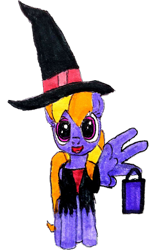 Size: 1968x3154 | Tagged: safe, artist:topsangtheman, derpibooru import, cloud kicker, pegasus, pony, clothes, costume, halloween, holiday, looking at you, simple background, solo, staring into your soul, traditional art, transparent background, trick or treat, witch