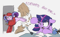 Size: 2055x1270 | Tagged: safe, artist:t72b, derpibooru import, starlight glimmer, twilight sparkle, twilight sparkle (alicorn), alicorn, pony, unicorn, breaking and entering, bucking, cross, descriptive noise, hat, historical roleplay starlight, inkwell, kicking, monty python, monty python's flying circus, one eye closed, paper, quill, scared, sitting, spanish inquisition, spilled drink, underhoof, unexpected