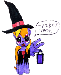 Size: 2480x3034 | Tagged: safe, alternate version, artist:topsangtheman, derpibooru import, cloud kicker, pegasus, pony, clothes, costume, dialogue, halloween, holiday, looking at you, simple background, solo, staring into your soul, traditional art, transparent background, trick or treat, witch