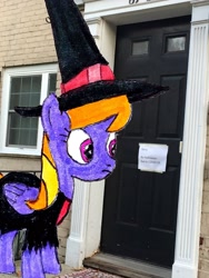 Size: 2448x3264 | Tagged: safe, artist:topsangtheman, derpibooru import, cloud kicker, pegasus, pony, clothes, coronavirus, costume, halloween, holiday, house, irl, photo, ponies in real life, solo, traditional art, trick or treat, witch