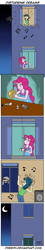 Size: 520x2901 | Tagged: safe, artist:pheeph, derpibooru import, indigo zap, pinkie pie, equestria girls, balloon, comic, glue, marker, mummy, music notes, old master q, parody, prank, scared