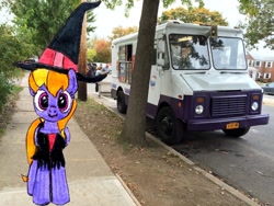 Size: 3264x2448 | Tagged: safe, artist:topsangtheman, derpibooru import, cloud kicker, pegasus, pony, clothes, costume, ice cream truck, irl, looking at you, photo, ponies in real life, solo, witch