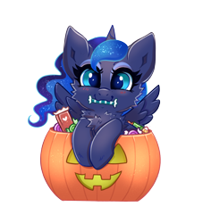 Size: 2510x2660 | Tagged: safe, artist:confetticakez, derpibooru import, princess luna, alicorn, pony, candy, chest fluff, chibi, cute, eyeshadow, female, food, halloween, holiday, lunabetes, makeup, mare, pumpkin, pumpkin bucket, simple background, solo, transparent background