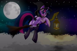 Size: 3296x2160 | Tagged: safe, alternate version, artist:darbedarmoc, derpibooru import, twilight sparkle, twilight sparkle (alicorn), alicorn, pony, blushing, broom, butt, candle, clothes, cloud, costume, dock, female, flying, flying broomstick, frog (hoof), halloween, hat, high res, holiday, hooves, horn, lamp, lantern, looking at you, looking back, looking back at you, mare, moon, night, plot, presenting, rear view, robe, sky, socks, solo, solo female, spreading, stars, stockings, tail, tail aside, thigh highs, tongue out, two toned mane, underhoof, wings, witch, witch costume, witch hat