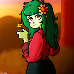 Size: 2240x2240 | Tagged: safe, artist:glomasy, derpibooru import, wallflower blush, better together, equestria girls, blushing, cute, evening, female, flower, flower in hair, flowerbetes, looking at you, smiling, wallflower and plants