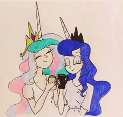 Size: 540x515 | Tagged: safe, artist:lunaart, derpibooru import, princess celestia, princess luna, alicorn, human, alicorn humanization, clothes, coffee, crown, cute, cutelestia, eyes closed, horn, horned humanization, humanized, jewelry, lunabetes, regalia, royal sisters, sisters, smiling, traditional art, winged humanization, wings