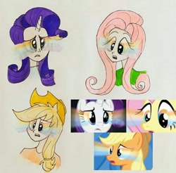 Size: 540x532 | Tagged: safe, artist:lunaart, derpibooru import, screencap, applejack, fluttershy, rarity, earth pony, human, pegasus, pony, unicorn, it ain't easy being breezies, leap of faith, rarity takes manehattan, applejack's hat, cowboy hat, hat, humanized, open mouth, rainbow eyes, surprised, traditional art