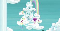Size: 1920x988 | Tagged: safe, derpibooru import, screencap, building, cloud, hot air balloon, no pony, rainbow, rainbow dash's house, rainbow waterfall, scenery, twinkling balloon