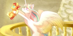 Size: 1280x640 | Tagged: safe, artist:castaspellliana, derpibooru import, princess celestia, sunset shimmer, alicorn, pony, alicornified, alternate universe, baby, baby pony, duo, female, filly, foal, holding a pony, hoof hold, mare, movie reference, pose, race swap, shimmercorn, spread wings, the lion king, wings