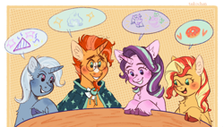 Size: 1220x695 | Tagged: safe, artist:taikochann, derpibooru import, starlight glimmer, sunburst, sunset shimmer, trixie, pony, unicorn, chest fluff, table, unshorn fetlocks