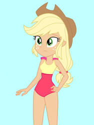 Size: 1536x2048 | Tagged: safe, alternate version, artist:draymanor57, derpibooru import, applejack, equestria girls, clothes, female, one-piece swimsuit, solo, swimsuit