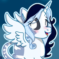 Size: 768x768 | Tagged: safe, artist:daylightsketch, derpibooru import, oc, oc:skya, alicorn, alicorn oc, blushing, female, gradient background, horn, mare, open mouth, spread wings, wings