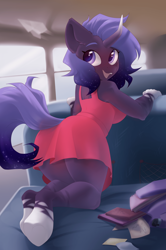 Size: 1920x2886 | Tagged: safe, artist:kebchach, derpibooru import, oc, oc only, oc:cosmic amber, anthro, unguligrade anthro, unicorn, anthro oc, book, breasts, bus, busty oc, female, indexed png, kneeling, leaning forward, looking back, looking over shoulder, mare, paper airplane, rear view, red dress, solo, underhoof