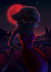 Size: 2893x4092 | Tagged: safe, artist:kebchach, derpibooru import, oc, oc only, anthro, bat pony, anthro oc, backlighting, bat pony oc, blood moon, breasts, cleavage, clothes, dress, female, floppy ears, looking at you, mare, moon, night, slit eyes, solo