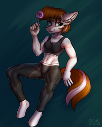 Size: 2660x3312 | Tagged: safe, artist:gicme, derpibooru import, oc, oc only, oc:bianca, anthro, earth pony, pony, unguligrade anthro, candy, clothes, ear fluff, ear piercing, earring, food, heterochromia, jewelry, leggings, lollipop, muscles, piercing, solo, sports, sporty style