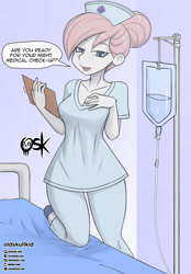 Size: 1532x2200 | Tagged: safe, artist:oldskullkid, derpibooru import, nurse redheart, equestria girls, bed, breasts, cleavage, clipboard, clothes, female, hat, hospital bed, iv, looking at you, nurse, nurse hat, open mouth, scrubs (gear), solo, talking to viewer