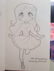 Size: 1536x2048 | Tagged: safe, artist:emirichu, derpibooru import, fluttershy, human, cute, female, humanized, monochrome, photo, shyabetes, solo, traditional art