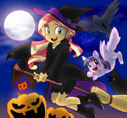 Size: 1500x1400 | Tagged: safe, artist:haden-2375, derpibooru import, sunset shimmer, twilight sparkle, bird, cat, equestria girls, broom, catified, clothes, costume, flying, flying broomstick, full moon, halloween, hat, holiday, horn, jack-o-lantern, moon, night, night sky, open mouth, pumpkin, sky, species swap, twilight cat, wings, witch, witch hat