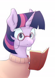 Size: 1252x1772 | Tagged: safe, artist:s.l.guinefort, derpibooru import, twilight sparkle, pony, book, clothes, female, glasses, mare, reading, simple background, solo, sweater, white background