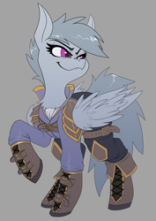 Size: 2480x3508 | Tagged: safe, artist:underpable, derpibooru import, oc, oc only, pegasus, pony, clothes, raised hoof, simple background, smiling, smirk, solo