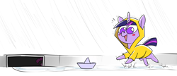 Size: 3508x1512 | Tagged: safe, artist:underpable, derpibooru import, pinkie pie, twilight sparkle, unicorn twilight, earth pony, pony, unicorn, georgie, it, no pupils, paper boat, pinkiewise, rain, solo, this will end in death, this will end in tears, this will end in tears and/or death