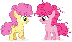 Size: 9866x5769 | Tagged: safe, artist:cirillaq, derpibooru import, li'l cheese, pinkie pie, earth pony, pony, the cutie mark chronicles, the last problem, absurd resolution, cute, cutie mark, daughter, diapinkes, duo, female, filly, filly pinkie pie, like parent like child, looking at each other, similarities, simple background, smiling, time paradox, transparent background, vector, younger
