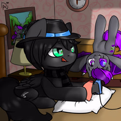 Size: 3000x3000 | Tagged: safe, artist:dark_nidus, derpibooru import, oc, oc:grayhoof, oc:moonlight thunder, bat pony, pegasus, pony, bed, bedroom, clock, clothes, controller, hat, lamp, lying down, lying on bed, nintendo switch, on bed, picture, pillow, scarf, upside down