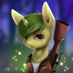 Size: 1280x1280 | Tagged: safe, artist:thatdreamerarts, derpibooru import, firefly (insect), insect, pony, unicorn, clothes, gun, jacket, rifle, sniper rifle, solo, weapon