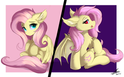 Size: 1920x1200 | Tagged: safe, artist:lunar froxy, derpibooru import, fluttershy, bat pony, pegasus, pony, bat ponified, cheek fluff, chest fluff, cute, duality, ear fluff, female, flutterbat, leg fluff, licking, licking lips, mare, profile, race swap, self ponidox, shyabetes, sitting, tongue out