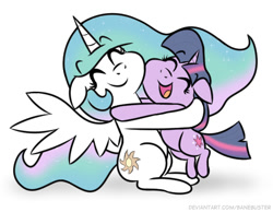 Size: 521x405 | Tagged: safe, artist:banebuster, derpibooru import, princess celestia, twilight sparkle, unicorn twilight, alicorn, pony, unicorn, series:tiny tia, cute, cutelestia, duo, eyes closed, floppy ears, hug, open mouth, simple background, twiabetes, white background