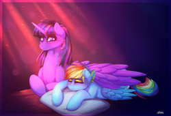 Size: 3168x2160 | Tagged: safe, artist:aaa-its-spook, derpibooru import, rainbow dash, twilight sparkle, twilight sparkle (alicorn), alicorn, pegasus, pony, female, lesbian, pillow, shipping, sleeping, smiling, twidash, wing blanket