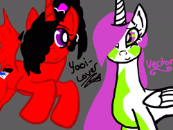 Size: 2048x1536 | Tagged: safe, artist:artmama113, derpibooru import, oc, oc only, oc:vector, oc:yaoilover, alicorn, bat pony, bat pony alicorn, pony, alicorn oc, bat pony oc, bat wings, duo, female, flying, gray background, hair over one eye, horn, mare, simple background, wings