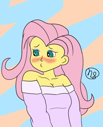 Size: 1652x2048 | Tagged: safe, artist:demitri, derpibooru import, fluttershy, human, equestria girls, abstract background, blushing, bust, clothes, collarbone, colored, cute, duckface, eyeshadow, female, looking away, makeup, off shoulder, shyabetes, signature, solo, sweater, wingding eyes