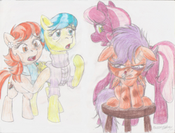Size: 1117x850 | Tagged: safe, artist:semijuggalo, derpibooru import, aunt holiday, auntie lofty, cheerilee, scootaloo, earth pony, pegasus, pony, angry, bandaid, black eye, blood, bruised, concerned, implied fight, nosebleed, stool, time out, traditional art