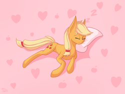 Size: 2000x1500 | Tagged: safe, artist:stravyvox, derpibooru import, applejack, earth pony, pony, apple, cute, eyes closed, female, food, hatless, heart, jackabetes, mare, missing accessory, onomatopoeia, pillow, pink background, simple background, sleeping, solo, sound effects, zzz