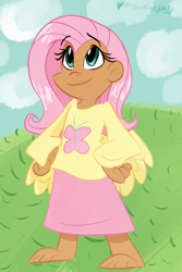 Size: 800x1200 | Tagged: safe, artist:mirabuncupcakes15, derpibooru import, fluttershy, human, barefoot, clothes, cloud, dark skin, feet, female, grass, hill, humanized, skirt, sky, solo, sweater, sweatershy, winged humanization, wings