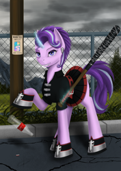 Size: 2480x3507 | Tagged: safe, artist:dezdark, derpibooru import, princess celestia, starlight glimmer, alicorn, pony, unicorn, barbed wire, bottle, cola cola, ear piercing, fangs, gameloft, piercing, solo, wanted poster