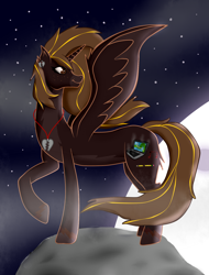 Size: 1206x1591 | Tagged: safe, artist:twin-fan, derpibooru import, oc, oc only, alicorn, pony, alicorn oc, full moon, heartbreak, horn, jewelry, moon, necklace, night, nightmarified, raised hoof, solo, stars, wings