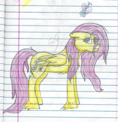 Size: 1135x1166 | Tagged: safe, artist:twin-fan, derpibooru import, fluttershy, butterfly, pegasus, pony, female, hoof fluff, lined paper, mare, signature, solo, traditional art