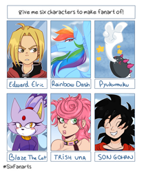 Size: 3000x3543 | Tagged: safe, artist:kaeltheraptorpony, derpibooru import, rainbow dash, anthro, human, pegasus, pony, anthro with ponies, blaze the cat, bust, clothes, crossover, dragon ball z, edward elric, eyes closed, female, fullmetal alchemist, gohan, grin, jojo's bizarre adventure, male, mare, peace sign, pokémon, pyukumuku, six fanarts, smiling, sonic the hedgehog (series), trish una