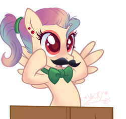 Size: 1920x1809 | Tagged: safe, artist:lazuli, artist:nightingalewolfie, derpibooru import, oc, oc:justice jewel, pegasus, pony, base used, bowtie, fake moustache, female, mare, simple background, solo, transparent background