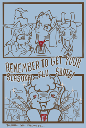 Size: 1514x2257 | Tagged: safe, artist:saby, derpibooru exclusive, derpibooru import, oc, oc only, oc:eerilee, oc:gossamer, oc:nurse tourniquet, earth pony, pony, spider, 2 panel comic, anne boleyn, bean brows, bell, choker, clothes, comic, costume, crazed, deadpan, disturbed, dress, female, french hood, gable hood, grogar's bell, hat, headband, heart eyes, holding back, implied execution, implied grogar, jewelry, limited palette, lineart, manic grin, necklace, nightmare night, nightmare night costume, partial color, pet, shiny, sideways glance, syringe, trio, unnerving stare, vaccination, wingding eyes, witch hat