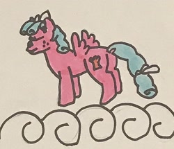 Size: 2606x2246 | Tagged: safe, artist:whistle blossom, derpibooru import, cozy glow, pegasus, pony, bow, butt, cloud, cozy glutes, cozybetes, cute, dock, female, filly, foal, hair bow, marker drawing, plot, smiling, solo, tail bow, traditional art