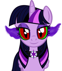 Size: 1000x1151 | Tagged: safe, artist:severity-gray, derpibooru import, twilight sparkle, twilight sparkle (alicorn), alicorn, pony, alternate hairstyle, choker, corrupted, corrupted twilight sparkle, dark magic, emo, goth, looking at you, magic, makeup, red eyes, simple background, slit eyes, smiling, solo, sombra eyes, transparent background