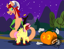 Size: 1024x792 | Tagged: safe, artist:adhiguna, artist:johnathon-matthews, derpibooru import, discord, fluttershy, oc, oc:artisan keyblade, oc:khunis jirall, alicorn, draconequus, pegasus, pony, unicorn, clothes, costume, deviantart watermark, inanimate tf, nightmare night, obtrusive watermark, pumpkin, transformation, watermark