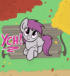 Size: 1319x1436 | Tagged: safe, artist:lannielona, derpibooru import, pony, advertisement, autumn, bench, commission, crossed legs, female, grass, leaf, leaves, looking up, mare, solo, tree, your character here
