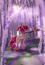 Size: 1436x2048 | Tagged: safe, artist:crybaby, derpibooru import, oc, oc only, oc:hopple scotch, bird, earth pony, pony, ankle cuffs, backwards cutie mark, chains, commission, cuffs, female, film grain, forest, forest background, grass, looking at you, looking back, looking back at you, mare, moon, moonlight, night, outdoors, pigtails, solo, tree, tree branch, ych result